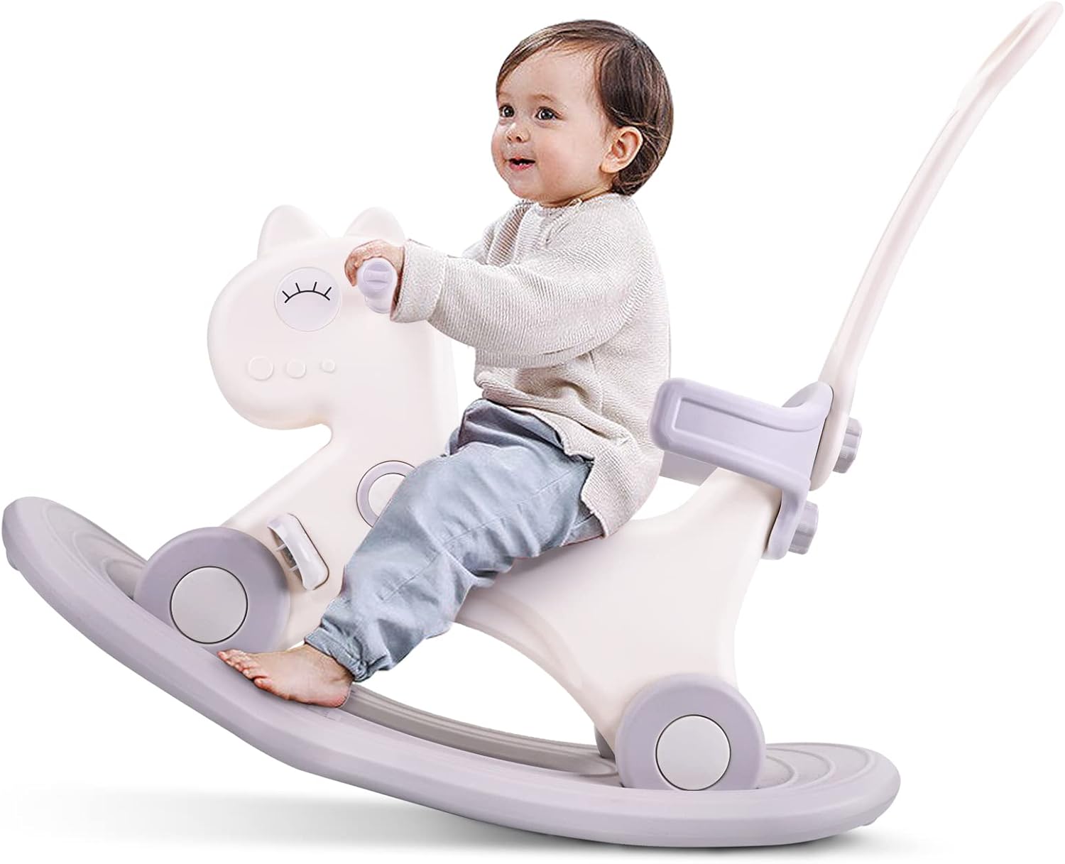 4 in 1 Rocking Horse for Toddlers 1-3 Years Old, Baby Rocking Toy Fun Birthday Gift for 1+ Kids, Ride on Toy with Detachable Balance Board and Footrest,Balance Bike with Push Handle,White