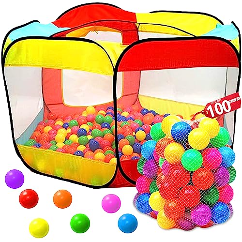 Kids Ball Pit Pop Up Large Tent for Toddlers - Indoor & Outdoor Gift Toys for Infants Girls & Boys, Baby Playpen with Zippered Storage Bag, 100 BallPit Balls Included