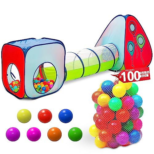 Tunnel and Ball Pit Play Tent | 3pc Pop Up Toddler Gym Tunnels with Tents for Kids, Toddlers, Infants Boys & Girls | Indoor & Outdoor Gift Game | Baby Crawling Pits for Playground (100 Balls Included)