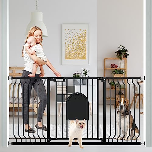 29.5-62 Inch Extra Wide Baby Gates, Mom's Choice Awards Winner-TSAYAWA Baby Gate with Cat Door for Pet Dog, Pressure Mounted Dog Gate Walk Through, Adjustable Pet Gates for Dogs Indoor, Black
