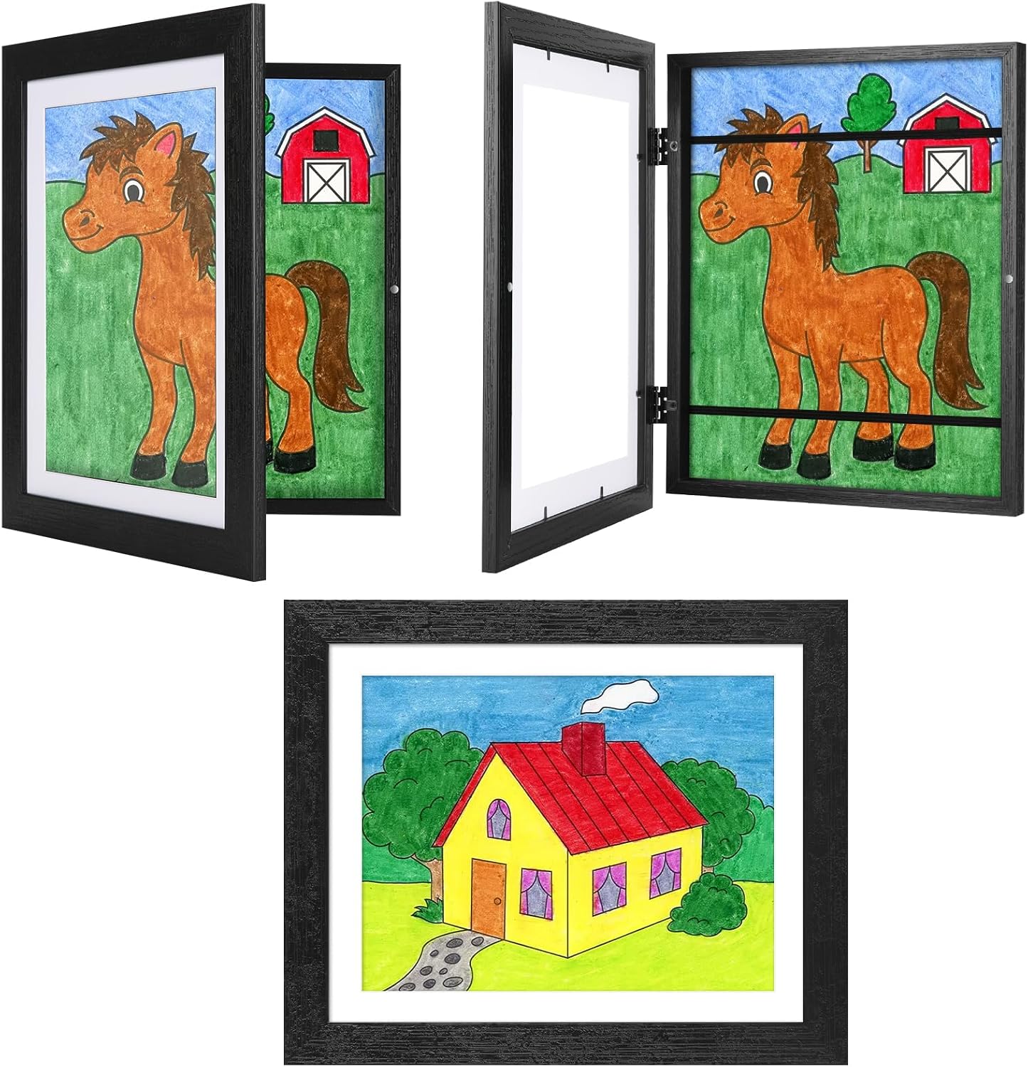 3-Pack Black Woodgrain Kids Art Frames - 10x12.5 with Mat, 8.5x11 Without Mat, Changeable Front Opening, Holds Drawings, Crafts, Artwork