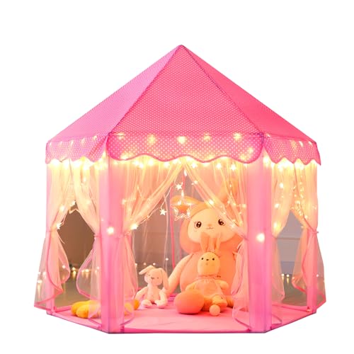 Monobeach Princess Castle Play Tent for Girls - Large 55'' x 53'' Playhouse with Star Lights for Indoor and Outdoor Play