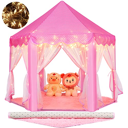 Monobeach Princess Tent Girls Large Playhouse Kids Castle Play Tent with Star Lights Toy for Children Indoor and Outdoor Games, 55'' x 53'' (DxH) (Pink Princess Tent with Play Mat)
