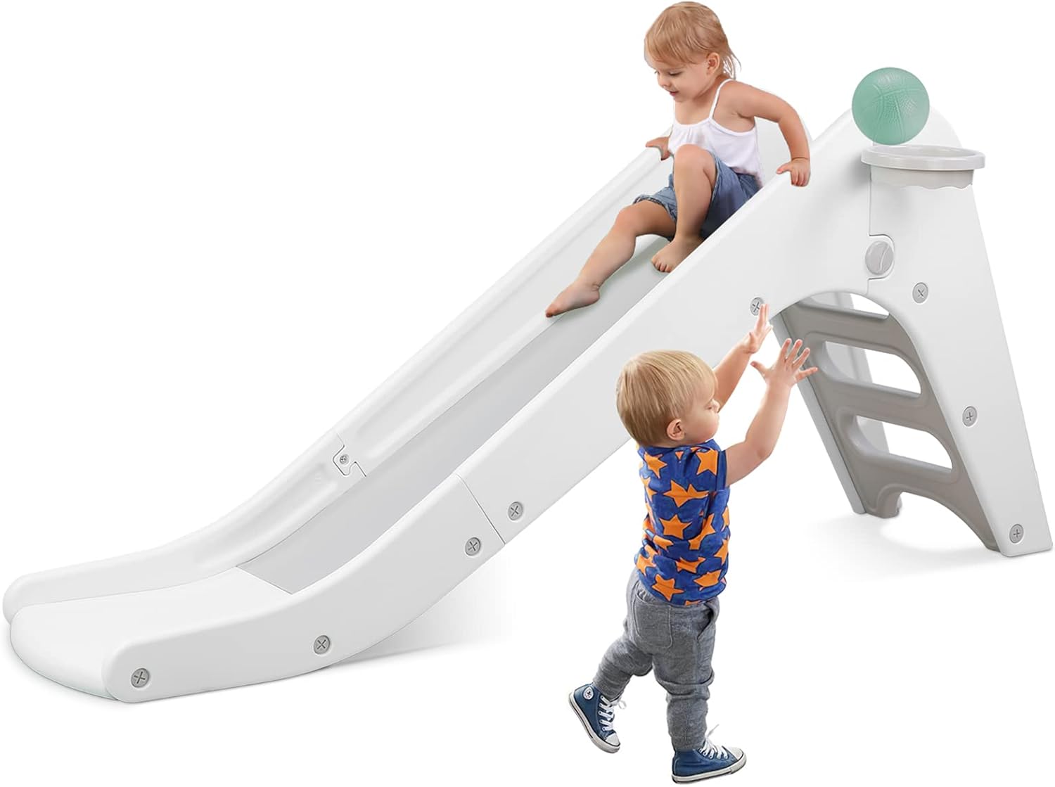 Arlopu Freestanding Kids Slide, Toddler Slide Climber with Basketball Hoop & Ball, Baby Playset w/Long Slope, for Boys and Girls Birthday, Sturdy Playground Toy for Indoor Outdoor (Grey White)