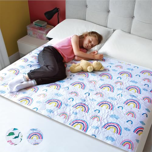Hygge SheetsPotty Training Pee Pads for Kids, Toddlers - 100% Waterproof, Non Slip Bed Wetting Pad for Full Size Beds - Washable, Reusable Mattress & Sheet Protector - Rainbow