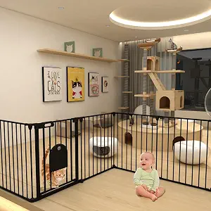 192" Extra Wide Baby Gate with Cat Door, Foldable Dog Gate Pet Gate for House Stairs Doorways Fireplace, 3 in 1 Baby Gate Play Yard Dog Playpen Hardware Mounted (30" Tall, Black)