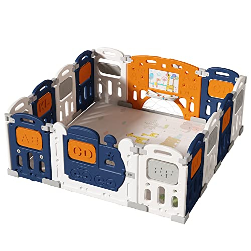 UNICOO  Baby Playpen, Foldable Kids Fence Activity Center, Safety Playard with Games Station Non-Slip Rubber Bases, Adjustable Shape, Portable Design (ZC-001-DBW Dark Blue + White)