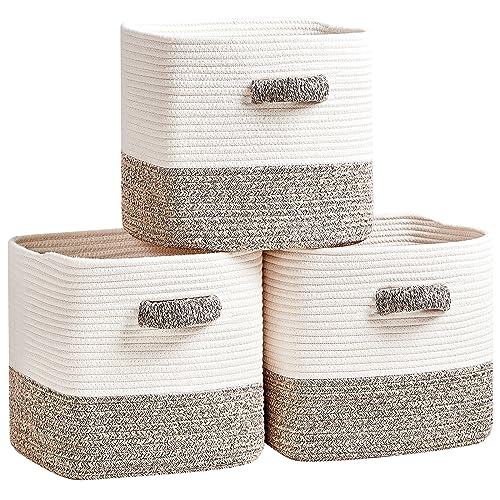 Storage Cube Baskets 3-Pack - 11 inch Square Baskets, Closet & Shelves Organizers - Woven & Drawer Storage - Ideal for Toys | White & Beige