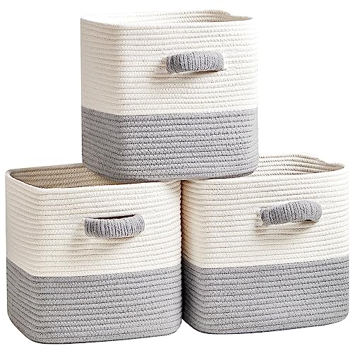 Storage Cube Baskets for Organizing- 3 Pack- 11 inch Square Baskets for Cube Storage, Closet Storage Bins- Woven Cube Storage Bins for Shelves- Ideal for Toy Storage |White & Grey