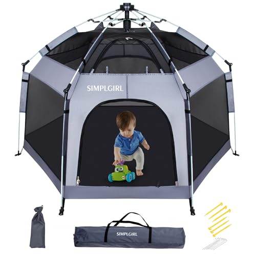 Premium in-Door and Ou-tdoor Baby Playpen - Portable, Lightweight, Pop Up Pack and Play Toddler Play Yard w/Canopy and Travel Bag - Grey