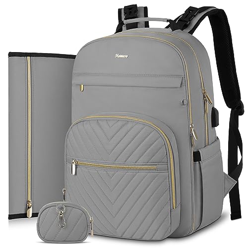 MOMUVO Diaper Bag Backpack, Quilted Baby Bag with Changing Pad and Stroller Straps and Pacifier Case, Large Travel Diaper Bags for Mom Dad, Grey