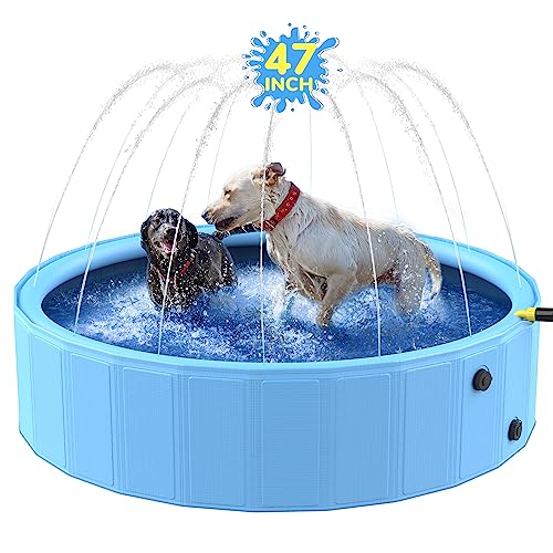 47'' Foldable Dog Pool, Sprinkler Pool for Kids, Non-Slip Kids Pool, Dog Swimming Pool for Kids, Heavy Duty Dogs Splash Pad Pools for Large Dogs, Hard Plastic Kiddie Pool for Backyard