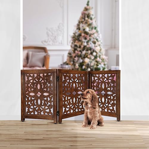 Lightnpro Wooden Pet Gate - Foldable Carved Dog Gate, Extra-Wide Freestanding Indoor Safety Barrier for Dogs & Cats, Perfect for Stairs, Hallways & Home Decor - 24x18 Inch Natural Burnt