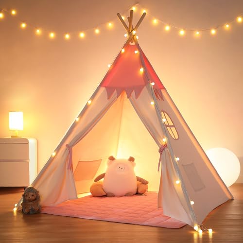 Teepee Tent for Kids Indoor,Kids Play Tent, Toddler Teepee Girls Boys, Baby Teepee, Children Room, Reading Tp,Canvas Playhouse with Lights and Mat (Peachy-Pink, Padded mat)