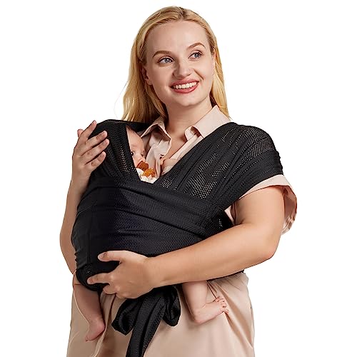 Momcozy Adjustable Buckle Baby Wrap Carrier Cooling Air-Mesh, Easy to Wear Baby Carrier Sling, Baby Carriers Newborn to Toddler 8-35lbs, Suit for Waist 47-57inch, Plus Size Black
