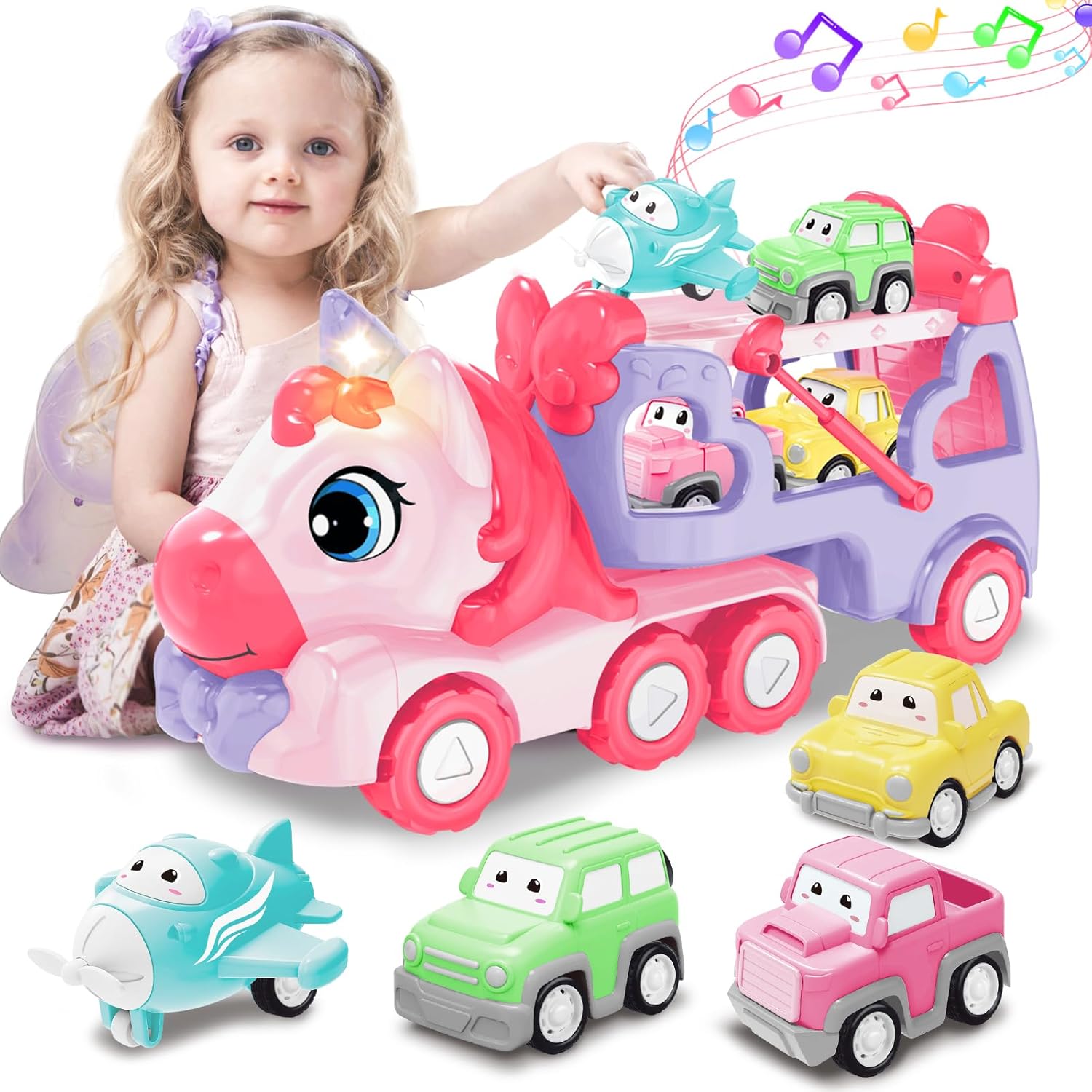 Toys for 3 Year Old Girl, 5-in-1 Unicorn Toys Carrier Truck Toy Cars with Light & Sound,Girl Toddler Toys Age 3-5, 3 4 5 Year Old Girl Birthday Gifts Kids Toys for Girls...