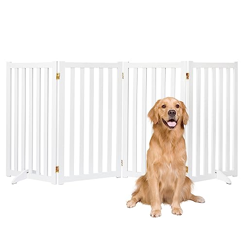 36" Height Extra Tall Freestanding Pet Gate, Solid Wood Folding Safety Fence Wooden Dog Gate with 2 PCs Support Feet Ideal for Stairs, Doorways, Halls, Kitchens, Heavy Duty Gates, 4 Panels, White