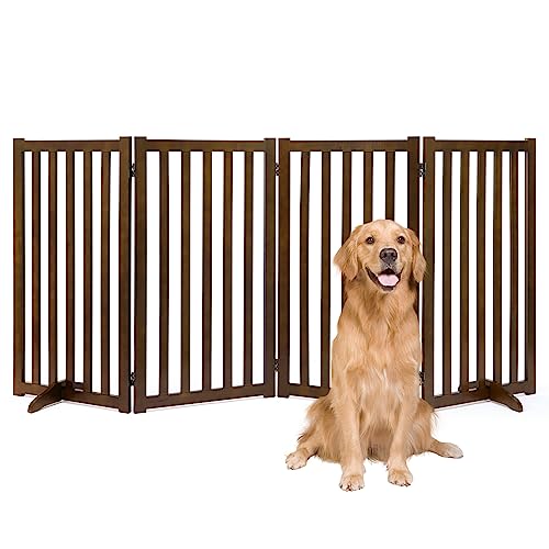 36" Height Extra Tall Freestanding Pet Gate, Solid Wood Folding Safety Fence Wooden Dog Gate with 2 PCs Support Feet Ideal for Stairs, Doorways, Halls, Kitchens, Heavy Duty Gates, 4 Panels, Walnut