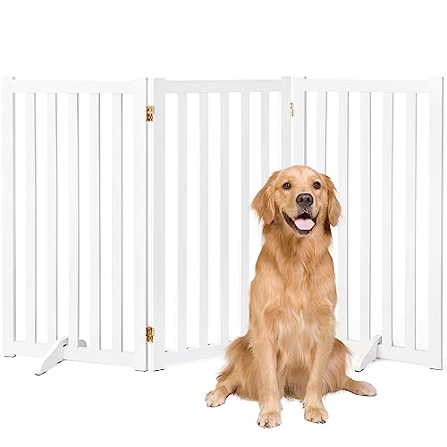 36" Height Extra Tall Freestanding Pet Gate, Solid Wood Folding Safety Fence Wooden Dog Gate with 2 PCs Support Feet Ideal for Stairs, Doorways, Halls, Kitchens, Heavy Duty Gates, 3 Panels, White