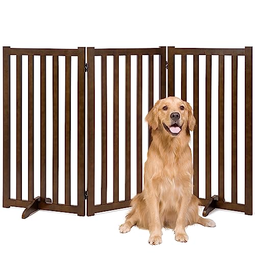 36" Height Extra Tall Freestanding Pet Gate, Solid Wood Folding Safety Fence Wooden Dog Gate with 2 PCs Support Feet Ideal for Stairs, Doorways, Halls, Kitchens, Heavy Duty Gates, 3 Panels, Walnut