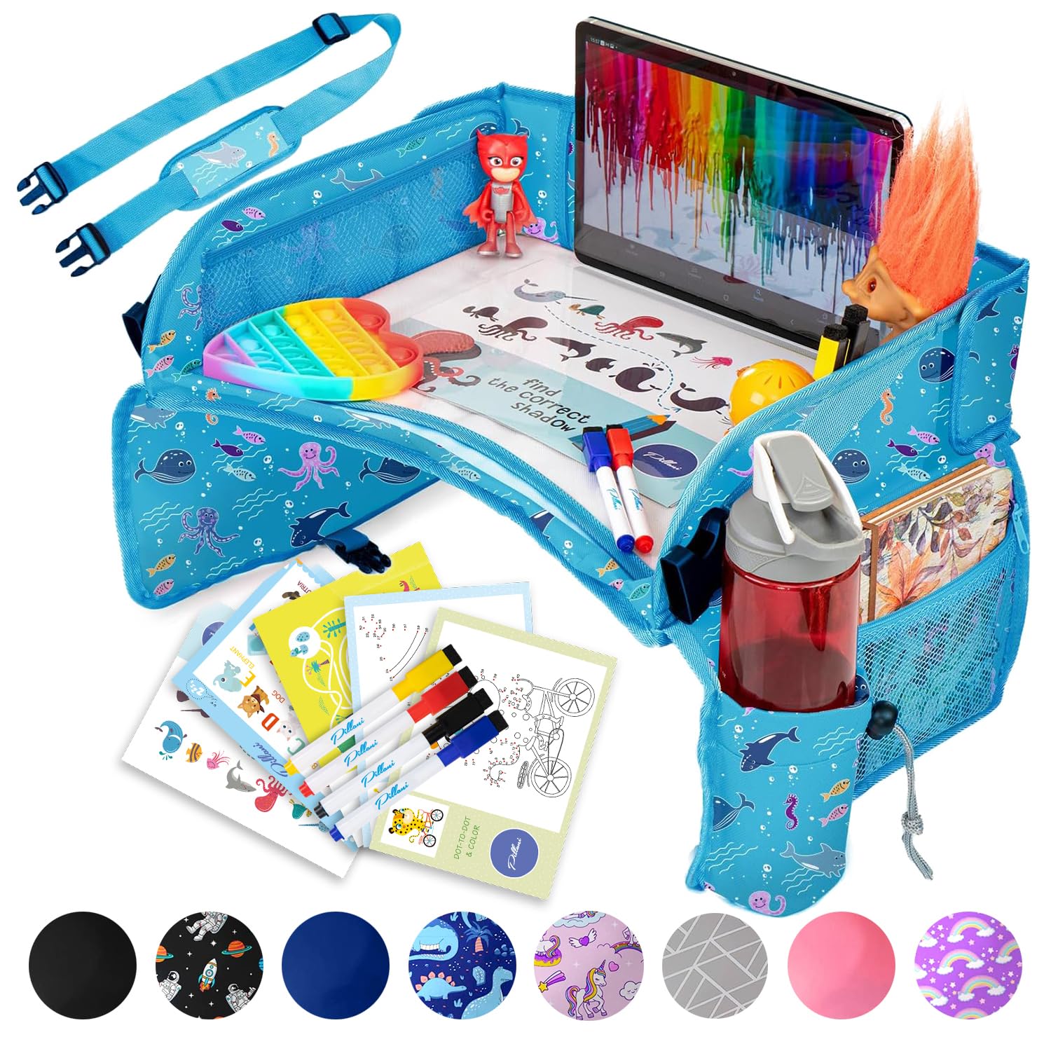 PILLANI Kids Travel Tray for Car - Car Seat Tray for Kids Travel, Road Trip Essentials Must Haves - Carseat Table Roadtrip Activities - Toddler Lap Desk Organizer for Airplane - Kids Travel Essentials