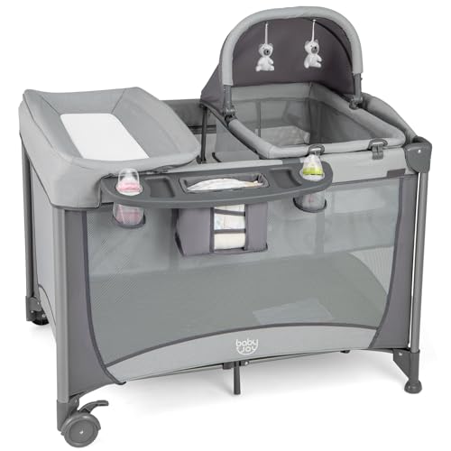 BABY JOY 4 in 1 Pack and Play, Portable Baby Playard with Bassinet & Diaper Changing Table, Infant Bassinet Baby Crib Activity Center with Toys & Oxford Bag from Newborn to Toddlers (Grey, Classic)