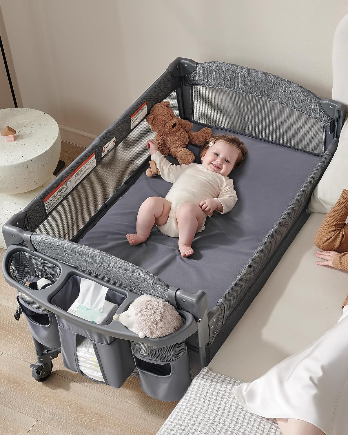 AirClub 4 in 1 Baby Bassinet Bedside Sleeper, 4 Functions Crib, Playard, Portable Changing Table, Bassinet for Newborn Baby, Bedsaide Bed w/Wheels&Brakes
