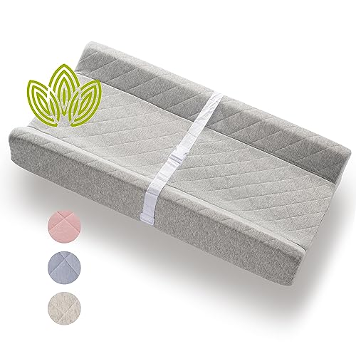 Organic Cotton Contoured Baby Changing Pad w/Waterproof Foam Mattress, Includes Soft, Removable & Washable Cover, Safety Strap, Non-Slip Bottom, Topper for Standard Size Infant Diaper Table & Dresser