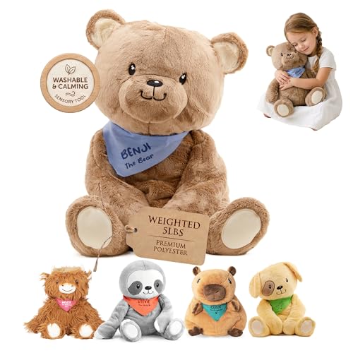Lilly's Love Weighted Stuffed Animal, 5lb | Sensory Plush for Kids & Adults | Machine Washable Plushie w/Removable Inner | Calming Weighted Stuffed Animal for Anxiety, Benji The Bear