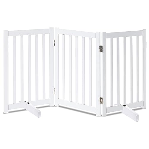 LZRS Solid Hardwood Freestanding Pet Gate,Wooden Dog Gates Indoor for Doorways,Nature Wood Dog Gates for The House,Stairs,Safety Fence,White,30" Height-3 Panels