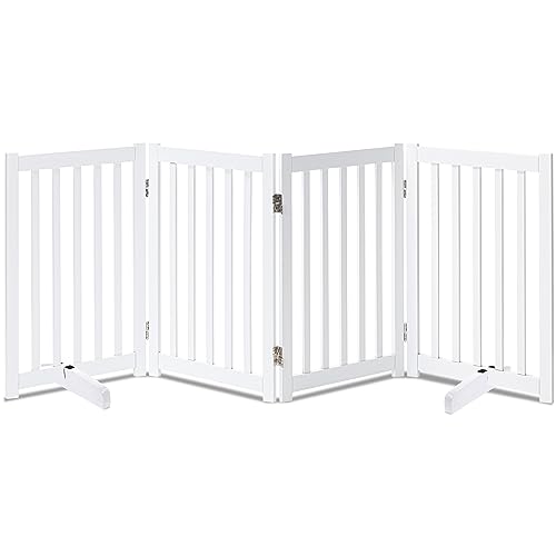 LZRS Solid Hardwood Freestanding Pet Gate,Wooden Dog Gates Indoor for Doorways,Nature Wood Dog Gates for The House,Stairs,Safety Fence,White,30" Height-4 Panels