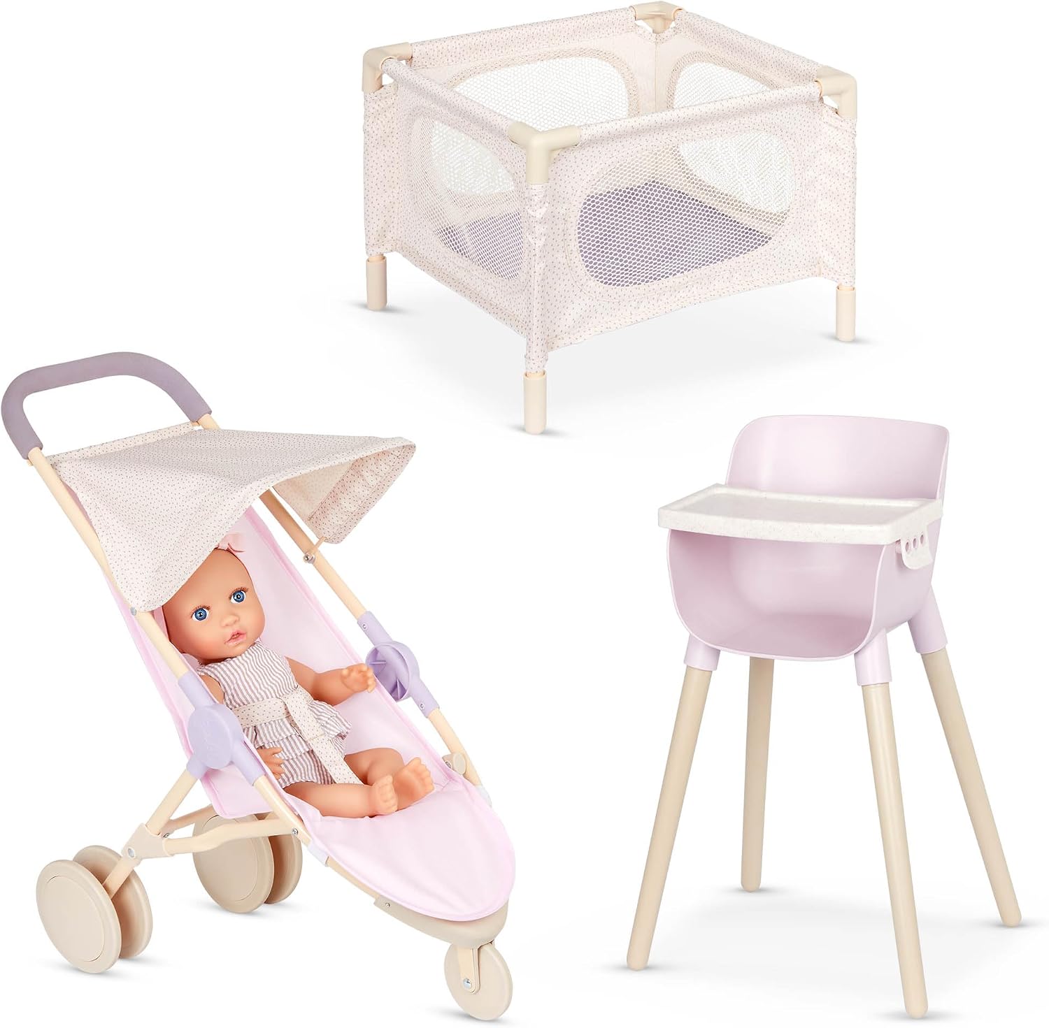 LullaBaby 14-Inch Realistic Baby Doll & Accessory Bundle Fair Skin Tone & Blue Eyes Nursery Care Set High Chair, Playpen & Jogger Stroller