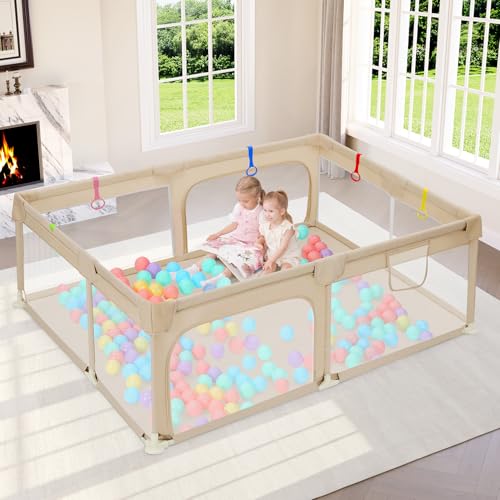 Baby Playpen 71"47", Large Playpen for Babies and Toddlers Playards Indoor & Outdoor Safety Gate Floor Play Pen, Baby Play Area with Soft Breathable Visible Mesh, Anti-Fall, Khaki