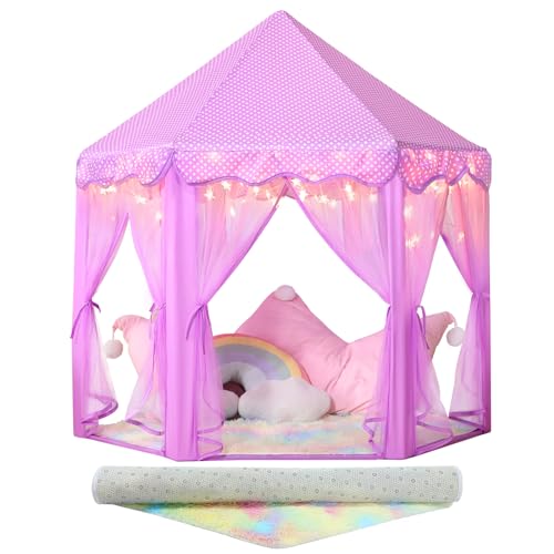 Princess Tent for Girls Indoor: with Rainbow Rug, Star Lights - Purple Play Tent for Kids, Girls Toys for Indoor Princess Games