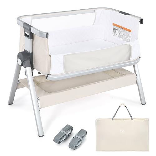 BABY JOY Bassinet, Portable Bedside Crib w/Mattress, Storage Basket, Built-in Pulleys, Adjustable Height & Travel Bag, Bassinet Bedside Sleeper for Newborn Infants (Beige)