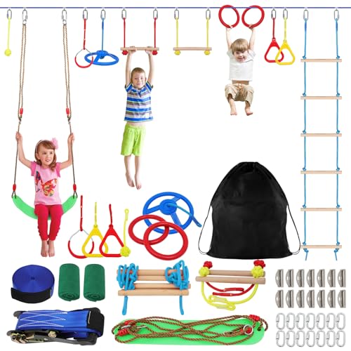 FAHKNS Ninja Warrior Obstacle Course for Kids, 65 FT Durable Slackline with 11 Obstacles-Swings, Monkey Bars, Arm Trainers and More, Weatherproof Outdoor Obstacle Course for Backyard,3+ Years Old