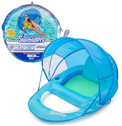 SwimWays Spring Float Premium Recliner with Canopy Pool Lounger, Inflatable Pool Floats Adult with Fast Inflation for Ages 15 & Up, Sky Blue