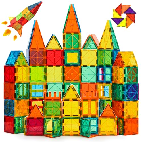 CuteTiger Magnetic Tiles, Magnet Tiles, 100 Pcs Magnetic Building Blocks No Cars, Square Building Castle, Preschool Toys, STEM Stacking Construction Montessori Toys for Kids