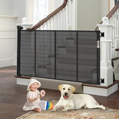 Reinforced Retractable Baby Gate for Stairs with Support Rods, 33" Tall, Extends up to 55" Wide, Mesh Gate Banister Baby Gate for Doorways, Indoor Outdoor Pet Gate for Stairs Hallways (Black)