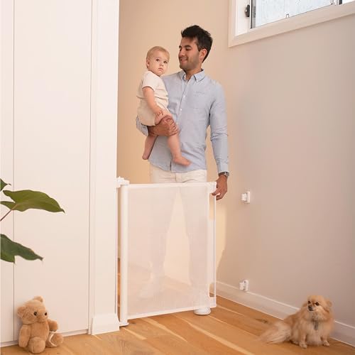 Retractable Baby Gate Perma Child Safety 33" Tall x 55 Wide, Mesh, for Stairs, Doorways, Dogs, Pets, Indoor, Outdoor, One-Handed Operation, Locking, Easy Install, Hardware Mount, White