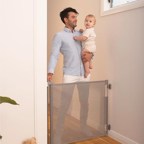 Retractable Baby Gate Perma Child Safety 33" Tall x 55 Wide, Mesh, for Stairs, Doorways, Dogs, Pets, Indoor, Outdoor, One-Handed Operation, Locking, Easy Install, Hardware Mount, Gray