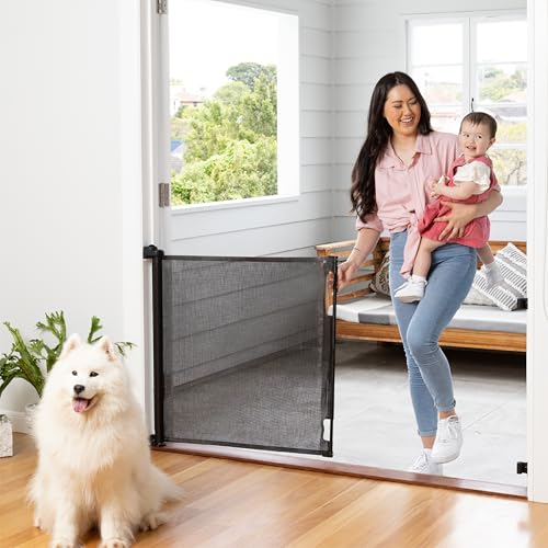 Retractable Baby Gate Perma Child Safety 33" Tall x 71 Wide, Mesh, for Stairs, Doorways, Dogs, Pets, Indoor, Outdoor, One-Handed Operation, Locking, Easy Install, Hardware Mount, Black