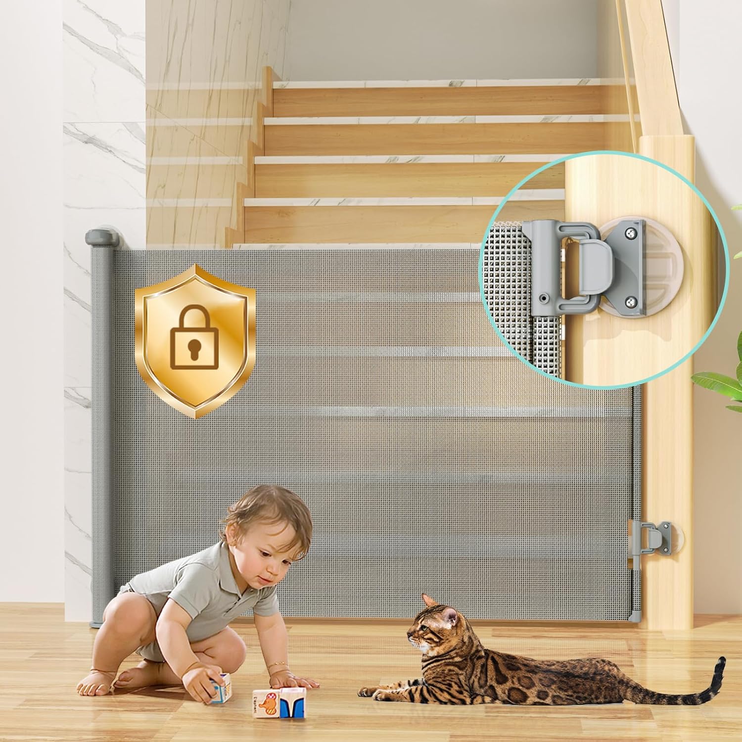 Retractable Baby Gates No Drill for Stairs Doorways with Auto-Lock, 33" *55" Mesh Baby/Dog/Pet/Cat Gate Safety Double Locking, Punch-Free Durable Child Safety Gate for Hallways Kitchen Indoor/Outdoor
