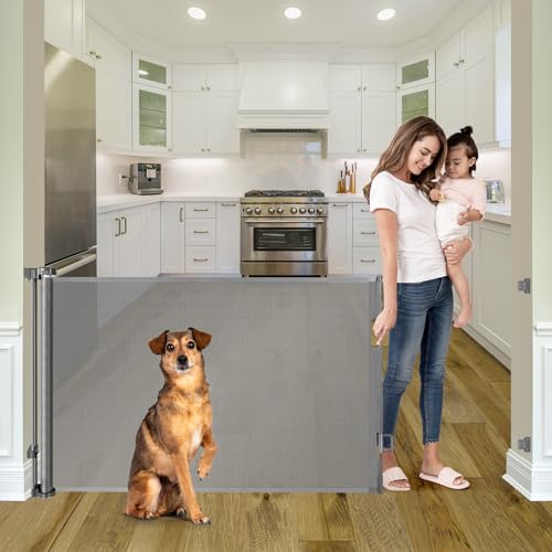 55 Inch Retractable Baby Gate for Stairs Retractable Dog Gates for Doorways Outdoor Baby Gates for Decks Indoor Dog Gates for The House Extra Wide Pet Gate Stair Gates for Kids or Pets Deck Gate Gray