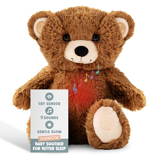Gemma Joy Bedtime Baby Soothers for Sleep, Cry Activated Heartbeat Stuffed Animal for Baby, Newborn, Calming Light, Lullaby Music, White Noise, Shush, Mothers Heartbeat - (Brown Bear, Rechargeable)