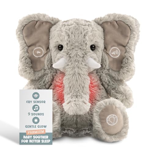 Gemma Joy Bedtime Baby Soothers for Sleep, Cry Activated Heartbeat Stuffed Animal for Baby, Newborn, Calming Light, Lullaby Music, White Noise, Shush and Mothers Heartbeat - (Elephant, Rechargeable)