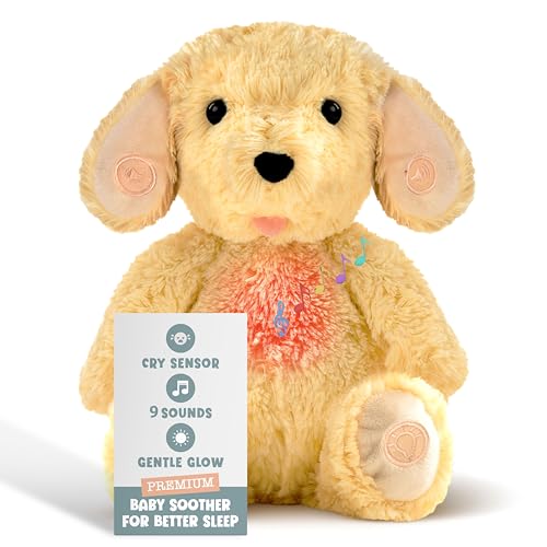 Gemma Joy Baby Sleep Soother Puppy for Baby Cry Activated Heartbeat Stuffed Animal Rechargeable Crib Soother with White Noise, Shush, Lullabies & Night Light Newborn Essentials Must Haves