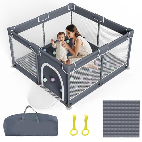 Baby Playpen with Mat, Large Playard for Toddlers, Indoor & Outdoor Play Yard, Sturdy Safety Playpen with Soft Breathable Mesh (Grey)