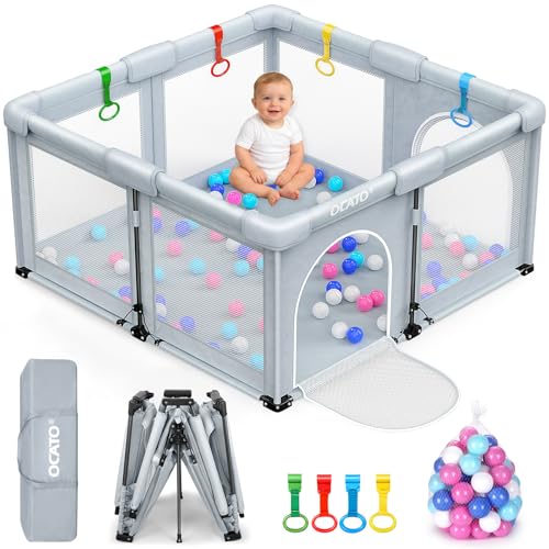 OCATO Baby Playpen: Foldable Playpen for Babies and Toddlers Large Play Pen Portable Playpen Fence Indoor Outdoor Kids Safety Area Travel Play Yard with 1 Storage Bags 4 Handlers 50 Balls (50"  50")
