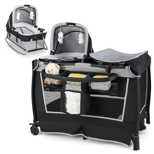 HONEY JOY Pack and Play, 5 in 1 Portable Infant Playpen with Bassinet & Changing Table, Storage Bag, Music Box, Toys, Carry Bag, Nursery Center, Baby Playard Pack n Play Crib for Boys Girls